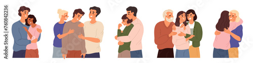 Friends comforting. People condoling. Depressed persons. Sad emotions. Couple hugging and soothing. Man showing empathy and compassion. Woman supporting boyfriend. Garish vector set