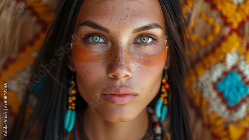 Young woman with cultural face paint and headdress