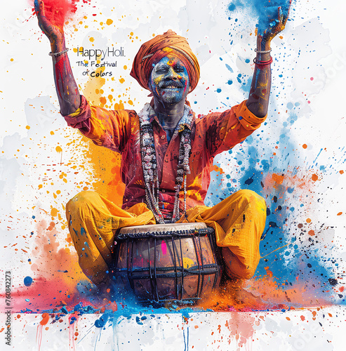 Man celebrating Holi festival with vibrant colors and traditional drum photo