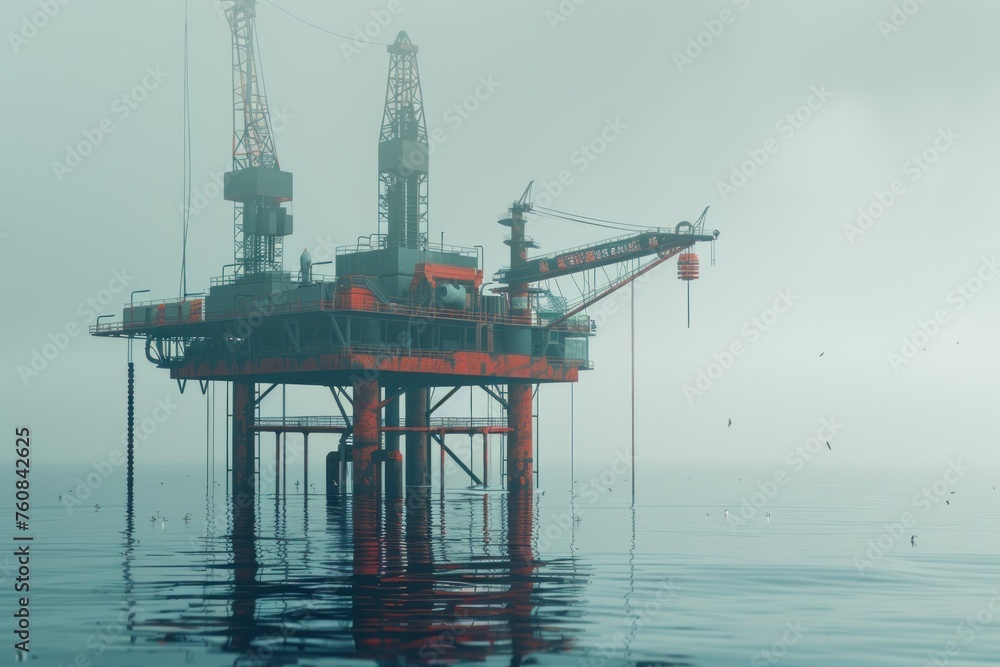 A red oil rig is floating in the ocean. The sky is overcast and the water is calm