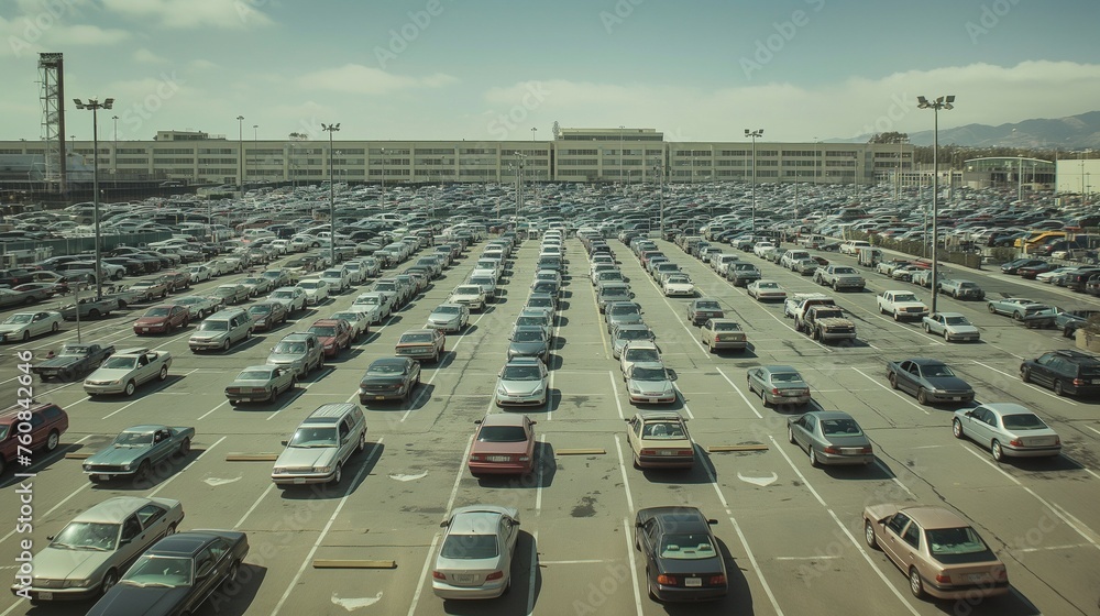 An expansive outdoor parking lot bustling with activity as cars come and go, symbolizing the dynamic nature of the automotive industry.