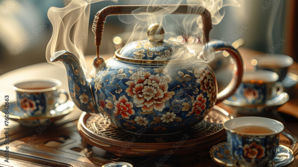 Porcelain teapot with steam on table