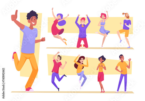 Happy characters. People demonstrate positive gestures exact vector cartoon template set