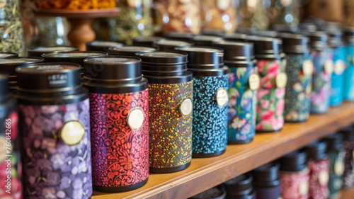 Row of decorative tea tins on a shelf photo
