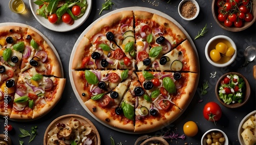 A large, sliced pizza with olives, tomatoes, onions, and basil toppings, surrounded by fresh ingredients and condiments on a dark surface