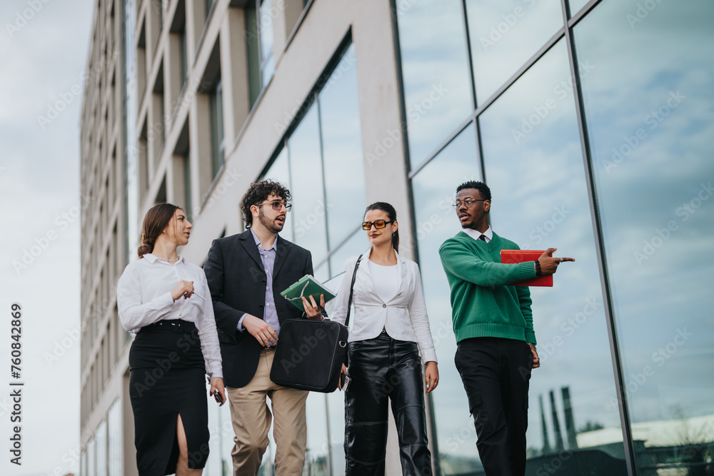 Diverse group of young business professionals having an outdoor meeting near a contemporary building in a city. Diverse group of young business professionals having an outdoor meeting near a contemporary building in a city.