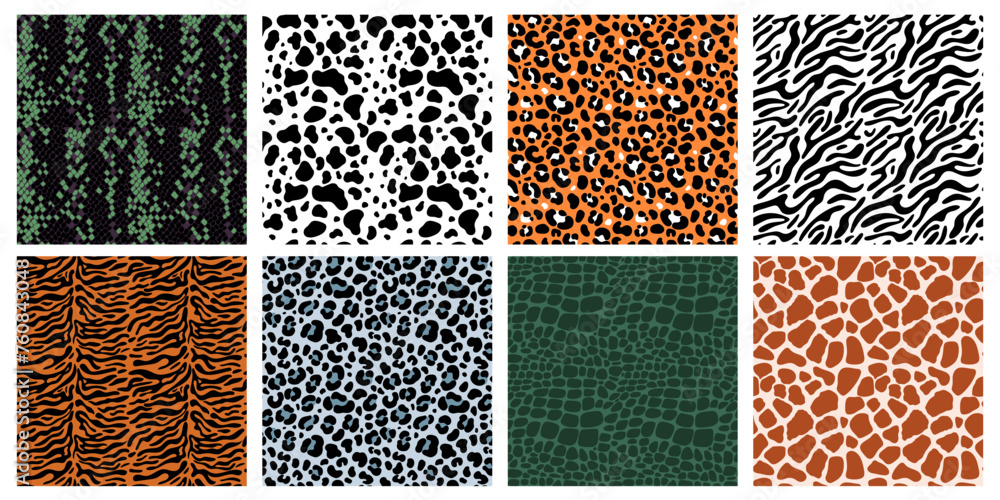 Obraz premium Animal fur and skins seamless patterns. Natural prints. Mammals or reptiles exotic colors. Leather with spots and stripes. Snake scales. Zebra and leopard backgrounds. garish vector set