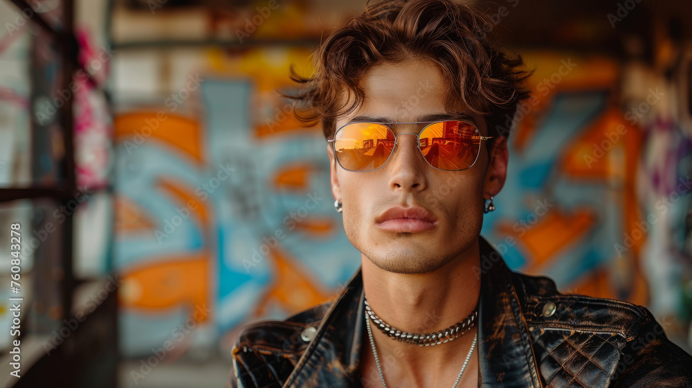 Young man in sunglasses with graffiti. Young man in sunglasses with graffiti.