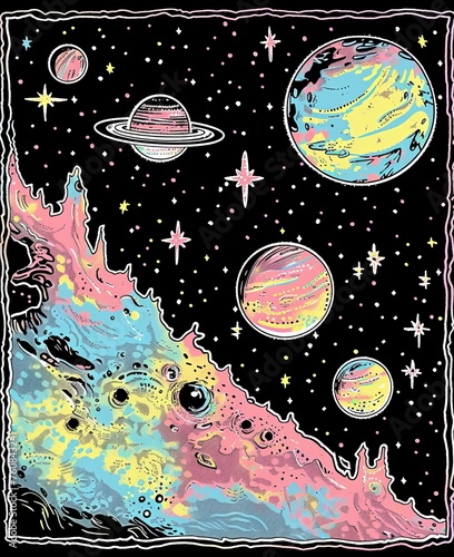 Retro Comic-Style Cosmic Scene with Swirling Galaxy and Planets