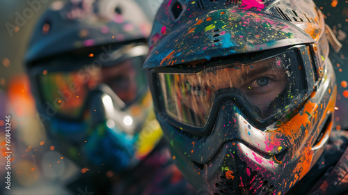 a duo engaged in a playful paintball battle, their faces covered in vibrant splashes of color as they navigate through an exciting outdoor arena.  © kian