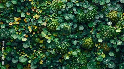 Close up of lush green hedge wall with small leaves in garden   eco friendly evergreen background photo