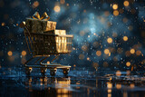 A shopping cart filled with gifts in the darkness at midnight