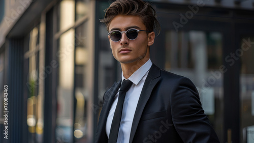 Young man in suit wearing sunglasses