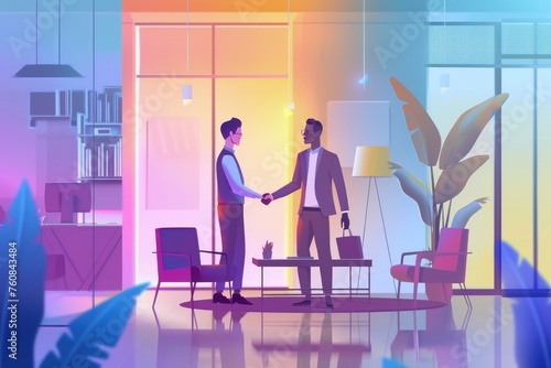 two business men are shaking hands in an office room