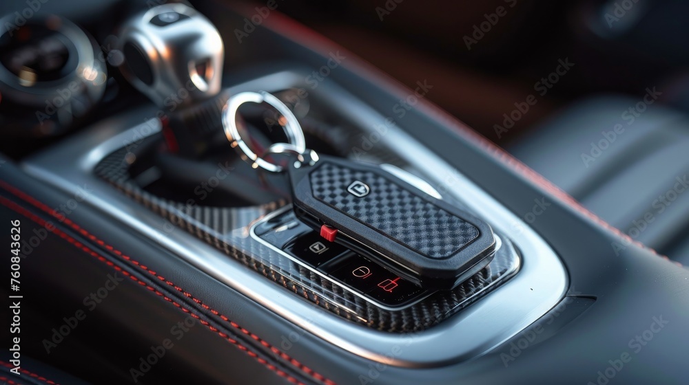 Naklejka premium A sleek car-shaped keyring and a remote control key are prominently displayed within the vehicle's interior
