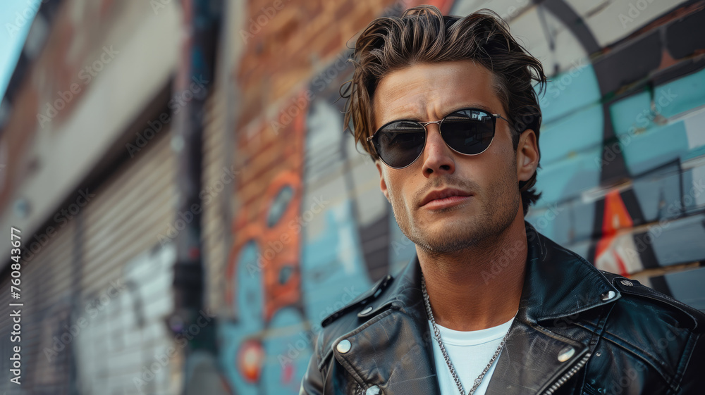 Fototapeta premium Man in sunglasses by graffiti wall.