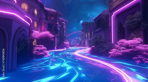 Dynamic neon waves swirling around a virtual island oasis in the heart of the city.