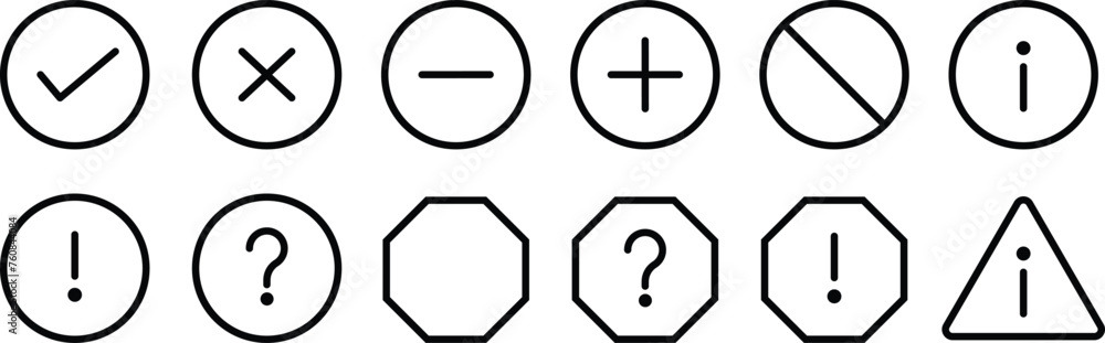 Set of Positive and negative, add and delete, caution, stop, tick, right round line icon black. Vector Illustration. Set of Positive and negative, add and delete, caution, stop, tick, right round line icon black. Vector Illustration.