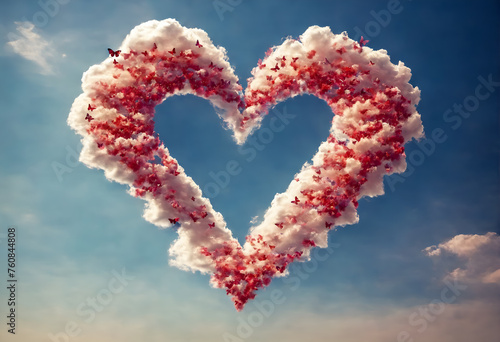 Heart on sky made from clouds with butterflies