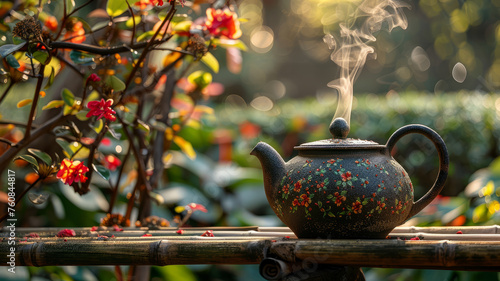 Cast iron teapot on bamboo in garden.