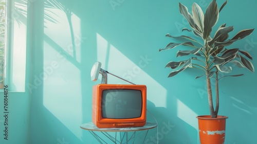 A striking retro orange TV receiver stands out against a gradient aquamarine wall photo