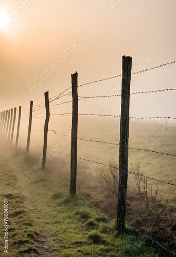 Steel barbed wire fence at field. Generated Ai