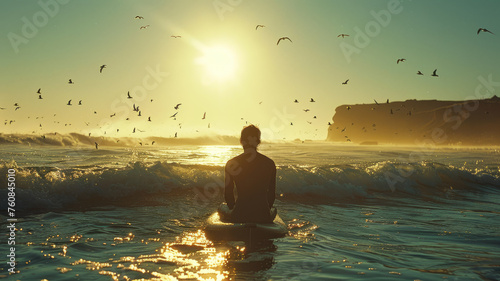 Man sitting on surfboard at sunset
