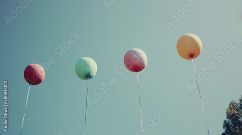 a group of balloons flying in the air with a blue sky in the back ground and trees in the background. photo