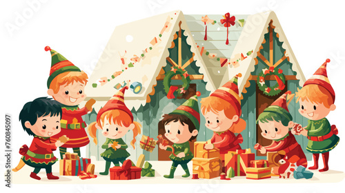 A group of cheerful elves making toys in Santas wor