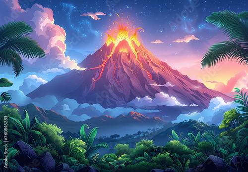 Vibrant digital art of a majestic volcano eruption with a lush tropical forest in the foreground under a twilight sky.