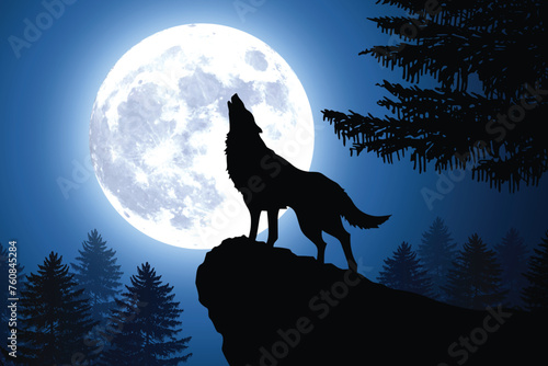 howling wolf silhouette by full moon forest