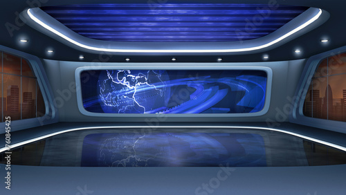 News TV studio set, virtual background. Ideal also for online broadcast, live streaming or business events. Modern 3D rendering backdrop suitable on VR tracking system stage sets, with green screen