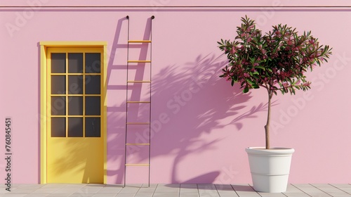 a ladder leaning against a pink wall next to a potted plant with a potted plant in front of it. photo