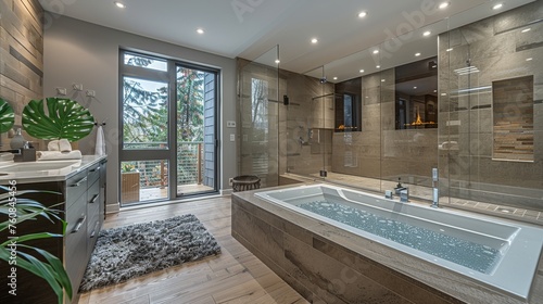 Luxurious Bathroom With Large Bathtub and Walk-In Shower