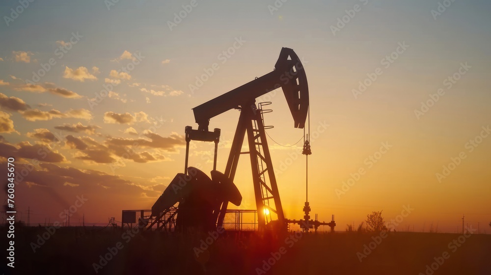 A sunset over a field with a large oil pump. The pump is in the foreground and the sky is orange and pink
