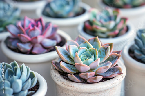 Various succulent plants in white pots. Group of mini succulents planted in small ceramic pots. Home garden, botany interior details, beautiful succulent garden, cactus collection