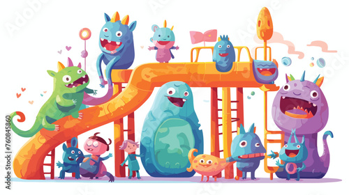A group of cheerful monsters playing in a colorful