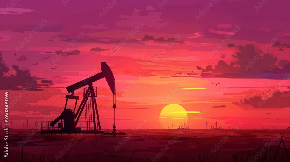 A sunset over a field with a pumpjack in the foreground. The sky is pink and the sun is setting A sunset over a field with a pumpjack in the foreground. The sky is pink and the sun is setting