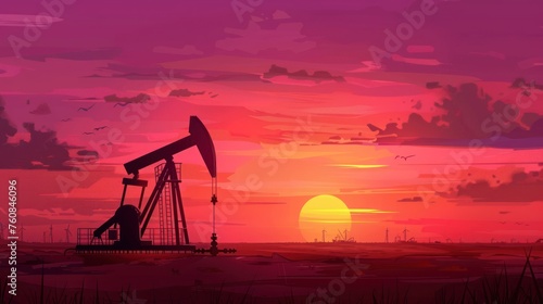 A sunset over a field with a pumpjack in the foreground. The sky is pink and the sun is setting