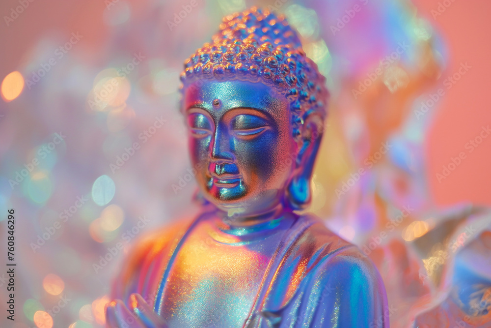 Holographic buddha statue. Bright and shiny hologram style, futuristic pink and blue serene meditating Buddha sculpture with bokeh, Buddhist background