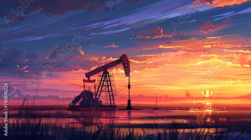 A Sunset over a body of water with a large oil rig in the foreground. The mood is serene and peaceful