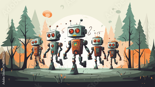 A group of cheerful robots going on a hike in a fut photo