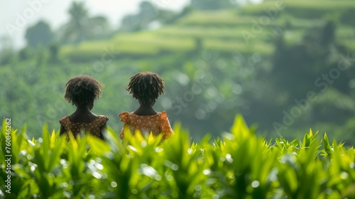 Two Little Girls Sitting in a Field of Yellow Flowers