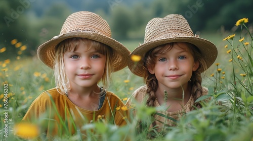 Two Little Girls Sitting in a Field of Yellow Flowers