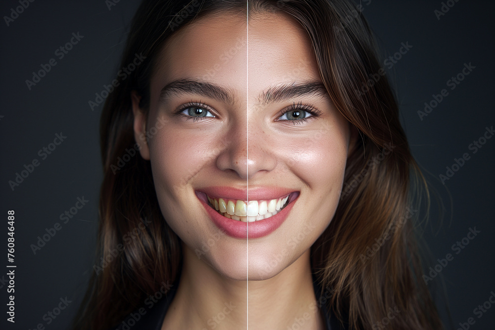 Professional teeth whitening and cleaning. Young smiling woman showing before and after results. Stomatology and dental clinic concept. Teeth bleaching advertising collage - obrazy, fototapety, plakaty 