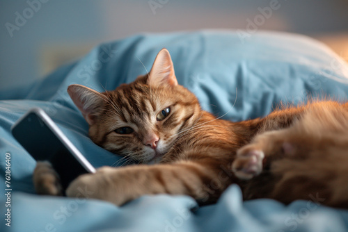 Cat in bed with smartphone. Funny pets, social media, Internet news addiction, screen time before sleeping concept, insomnia, cannot sleep. Gadget addicted, first thing in the morning, playing games