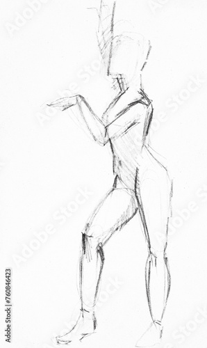 training sketch of female nude model standing sideways with with arms raised, hand-drawn in black sauce pastel on white paper