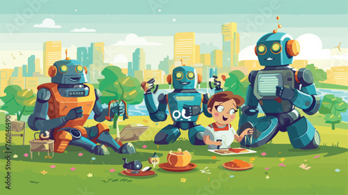 A group of cheerful robots having a picnic in a fut