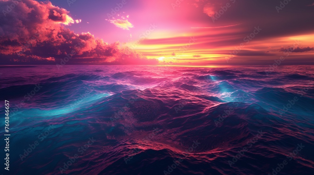 Neon waves of various hues blending seamlessly into the twilight horizon.