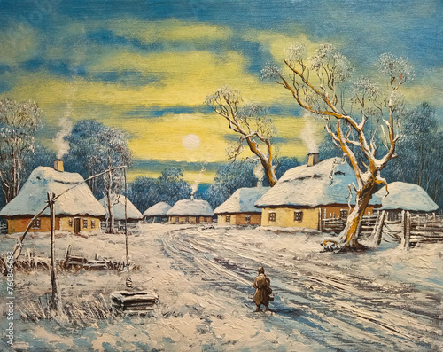 Road in deep snow in an old snow-covered village, retro houses with thatched roofs. Oil paintings rural landscape, old willage, winter in the old willage, old house in the woods. Fine art, artwork photo